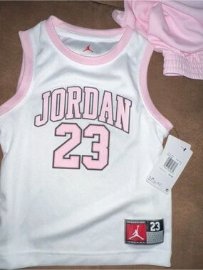 Jordan Kids White Tank Top with Pink Trim & 23 Graphic with matching pink shorts